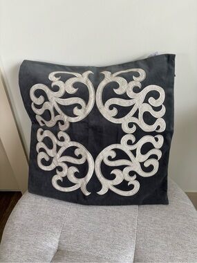 Velvet Embroidered Scroll Gray and Cream Throw Pillow Cover  (cover only) 20x20